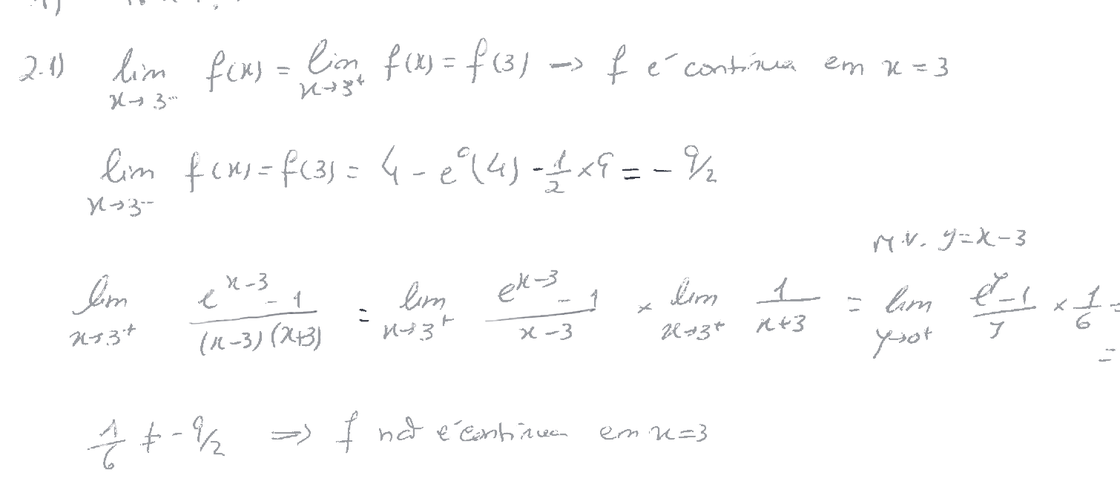Resolução manuscrita completa: estudo da continuidade de f em x=3 pelos limites laterais, com mudança de variável, concluindo que f não é contínua